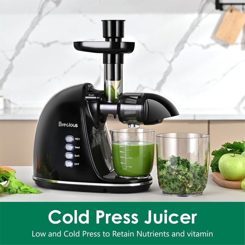 BRECIOUS Slow Masticating Juicer, Cold Press Juicers with 2 Speed Modes & Quiet Motor,Juicers Machines Vegetable and Fruit with Reverse Function,Celery Juicer,BPA-Free,Easy to Clean (Black) - Image 2